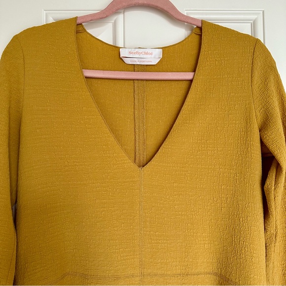 SEE BY CHLOE Stretch Crepe Dress with Long Sleeves in Muted Gold - Slip Included - Picture 5 of 14